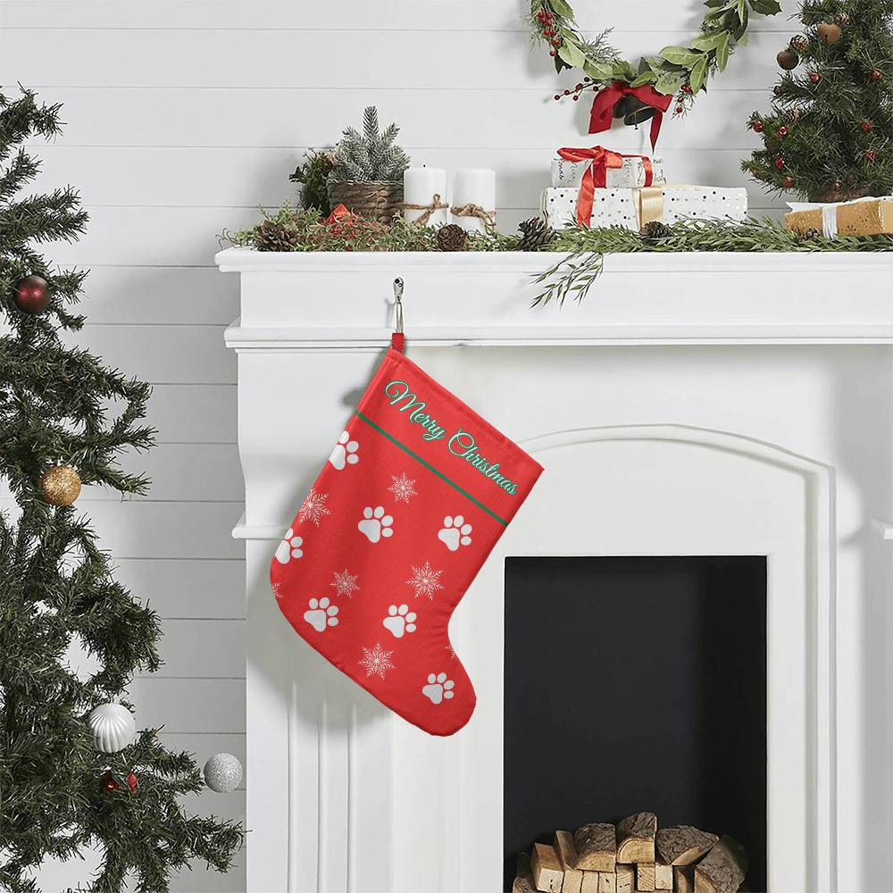 Merry Christmas Snowflake/Paw Print Srtocking (Red)